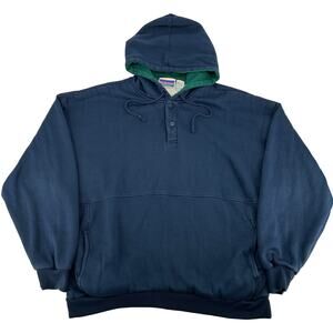 Vintage 90s Mens Navy Blue North Crest Thermal Lined Henley Hoodie Sweatshirt XL